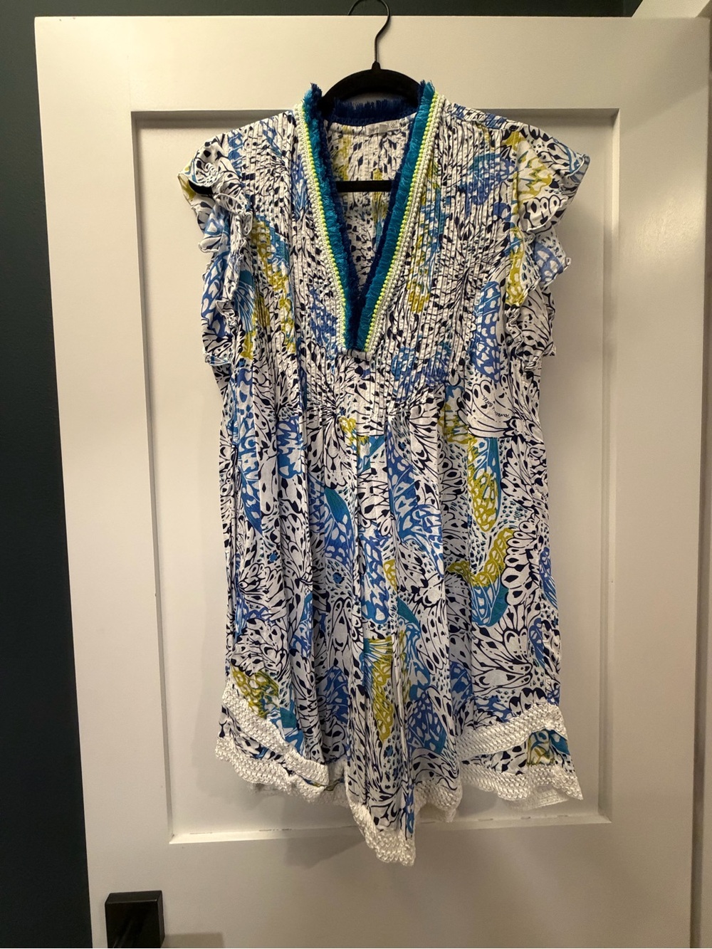 Girls' Blue & White Floral V-Neck Dress with Crochet Trim